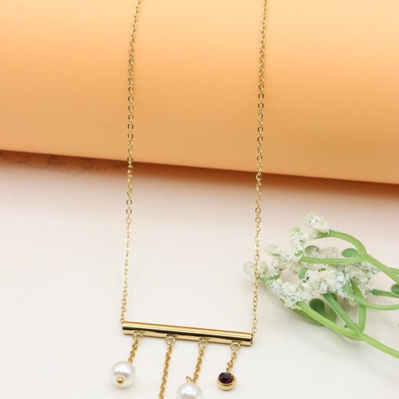 Yellow Gold Plated Pearl Drop Necklace with Crystal Charms, XPNL0361 - Picture 8 of 13